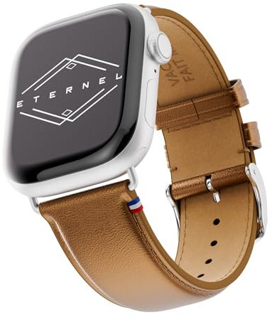 Eternel - Maryline Bracelet légendaire - Compatible toutes Apple Watch - 41/42mm - Fait main en France - Tannage végétal - Bronze - Adaptateurs aluminium argent