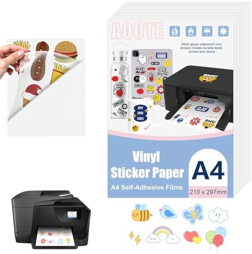 AOOTE 12 Blatt A4 Aufkleber Papier zum Drucken, Transparent a4 Selbstklebende Folie, Aufkleberfolie Druckerpapier Wasserfest, Wasserfest Bedruckbar Vinylfolie für Tintenstrahldrucker Laserdrucker