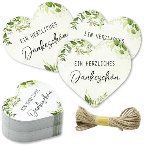 RFBEUTEL 50x Danke Anhänger Dankeschön Geschenkanhänger Herz Eukalyptus Hochzeit Etiketten Tags Geschenk Geburtstag Babyparty Kommunion Konfirmation Taufe mit Schnur