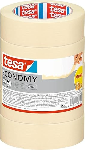 tesa Malerband ECONOMY - Vielseitiges Klebeband für Malerarbeiten ohne Lösungsmittel - Bis zu 4 Tage nach Gebrauch rückstandslos entfernbar (50m x 30mm | 5 Rollen, Single)