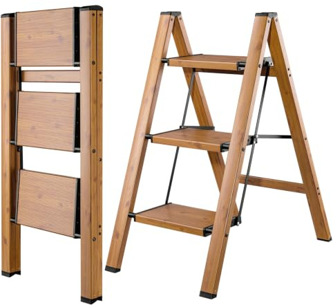 BIBKOKE Escabeau Pliable à 3 marches en Aluminium Finition Grain de Bois, trépied antidérapant, Portable, Robuste pour la Maison et la Cuisine, Le Bureau, 150 kg