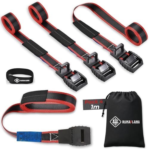 RUNAFLAMA - Cinchas de Amarre Pequeñas con Protección de Goma - Eslingas de Amarre para Remolque Moto - Trinchas de Sujeción a Portabicicletas - Resistencia Rotura 500 kgf por Cinta - 4 Correas de 1m