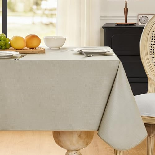 FIBORIA Wachstuchtischdecke Outdoor 140x240 cm Naturleinen Beige mit Saum Leinenoptik PVC Tischdecke Wasserdicht Gartentischdecke wetterfest Table Cloth für Geburtstag,Party,Sommer,Grill,Esstisch
