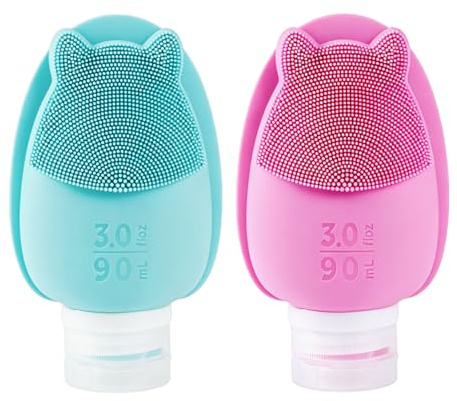 ZPTEE 2 Pcs Travel Bottles for Toiletries 90ml, Silicone Squeeze Bottles with Built-In Soft Scrubber, Leakproof 22mm Wide Mouth Refillable Containers for Carry-On, Gym & Camping