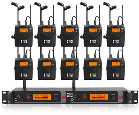 XTUGA RW2080 Wireless in Ear Monitor System Mono with 10 Bodypacks, 2 Channel Design IEM UHF System Stage Monitors Earphones with 40 Frequencies, 300Ft Range, for Band and Studio,572MHz-599Mhz