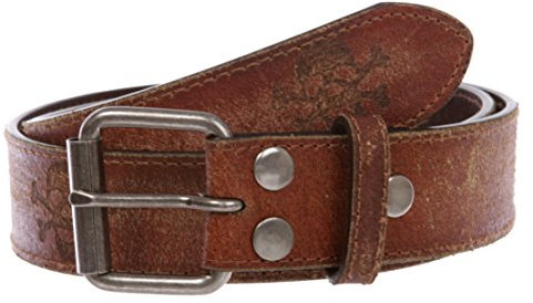 beltiscool Ledergürtel zum Anklippen, Vintage-Naht, geprägt, Totenkopf und gekreuzte Knochen, 3,8 cm - Braun - 81.2 cm