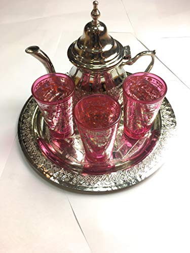 juego de te marroqui artesanal, tetera, bandeja 25 cm de diametro, 3 vasos