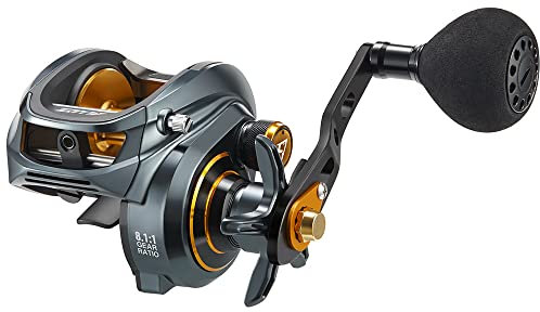 Piscifun Alijos Köderrollen, Größe 300, flaches Profil, Aluminium-Rahmen, Köderguss-Angelrolle, 33lb Drag 5.9:1/8.1:1, Übersetzungsverhältnis Süßwasser-Salzwasser-Griff, Wurfrollen