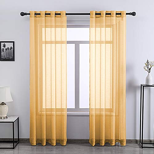 DONREN Gardinen, goldgelb, strukturiert, transparent, 244 cm lang, für Wohnzimmer, Luxus-Optik, Schlafzimmer, Ösen, Voile, 2 Bahnen