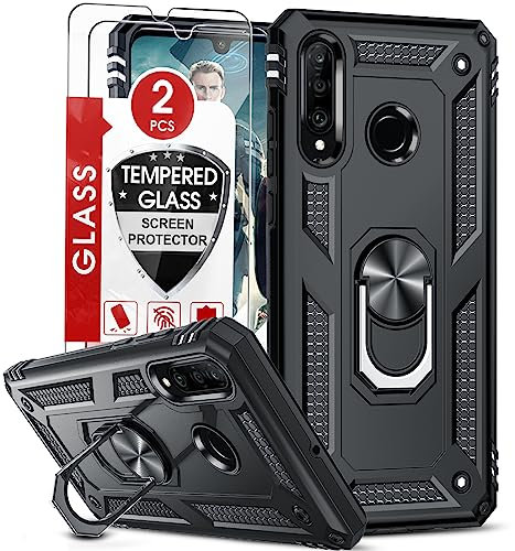 LeYi Cover per Huawei P30 Lite/P30 Lite XL New Edition con 2 vetro temperato, anello di supporto militare doppio rinforzato difesa paraurti TPU silicone antiurto armatura custodia Huawei P30 Lite Nero