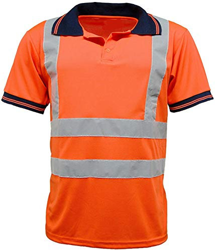 Inspire Me Hi Viz Striped Collar Polo Shirt | High Visibility With Reflective Tape for Safety Security Work (Orange, Medium)
