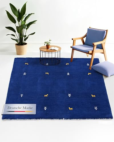 carpetfine Wollteppich Gabbeh Uni Quadratisch Blau 250x250 cm | Moderner Teppich für Wohn- und Schlafzimmer