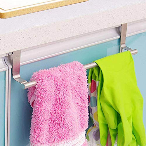 Bakaji Asta Porta Asciugamani Strofinacci Bagno Cucina In Acciaio Installazione Sopraporta con Ganci per Ante Mobili e Porte Portasciugamano Aggancio Rapido Salvaspazio Colore Silver (36 cm)