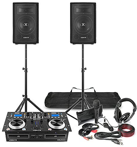 Vonyx DJ Packages for Beginners with 8 Passive PA Speakers, Dual CD Mixer Amp, Headphones, Microphone & Stands - Complete Starter DJ Equipment Packages Set