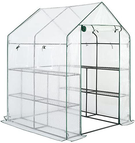 AMOS 3-Tier Portable Outdoor Garden Patio Walk-In Greenhouse with 8 Shelves and Removable Waterproof PE Cover 195 x 143 x 143cm (White)