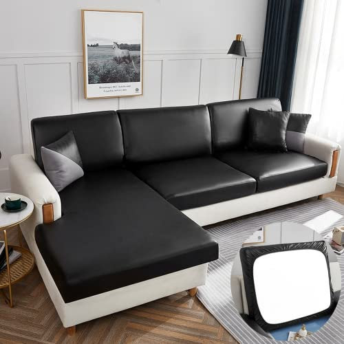 OKJK Ersatz für Sofa sitzkissenbezug, Wasserdichter PU Kunstleder Technologie Stoff Möbel Sofa Schutz, Für Wohnzimmer Sofa überzug l Form elastisch universal (Black,Enlarge Size-2)