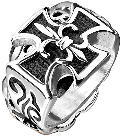 Mianova Herren Ring Edelstahl Massiv Breit Herrenring Männer Biker Rocker Schmuck Bikerschmuck Kreuz mit Fleur-de-Lys Silber Größe 66 (21.0)