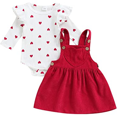 MoccyBabeLee Baby Girl Clothes Newborn Dress Set Long Sleeve Flower Bodysuit Romper Corduroy Overall Dress Infant Outfits Red