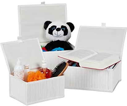 Relaxdays 6 x Aufbewahrungskorb, mit Deckel & Stoffeinsatz, Bambuskorb, dekorative Aufbewahrungsbox, 3 Größen, Regalkorb, weiß