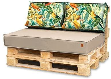 Bielik Palettenkissen 120 x 80 Set für Palettenmöbel | Wasserdicht Europaletten Sitzkissen Made in EU | Palettensofa komplett besteht aus 3 Teilen in Farbe: Dunkelgrau (Hellbeige + Papageien)