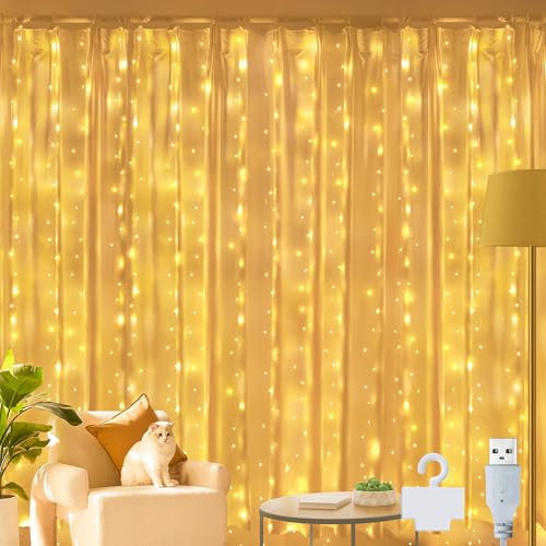 Ollny Curtain Fairy Lights, 200 LED 2m x 2m USB String Light Indoor Outdoor Waterproof Warm White Hanging Window Lights with Hooks, Bedroom/Outside/Wall/Door/House/Garden Decorations