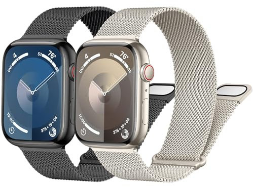 2 Pack Correa para Apple Watch 42mm 44mm 45mm 49mm Milanese Loop Correa Acero Inoxidable Malla Metálica Pulsera Cerradura Magnética para iWatch Ultra/Ultra 2 Series 9 8 7 6 5 4 3 2 SE(Black/Starlight)