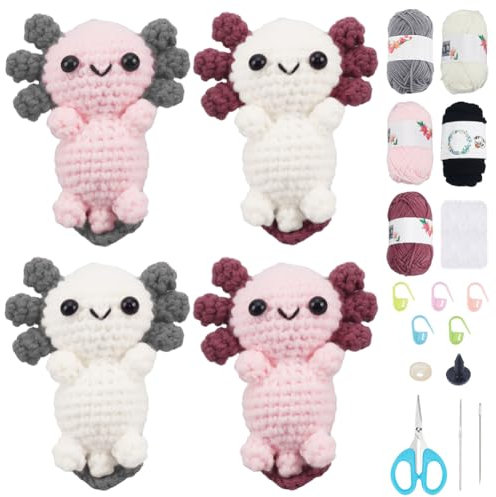 FREEBLOSS 4 Set Crochet Kit Crochet Axolotl Crochet Yarn and Hook Set Crochet Starter Kit with Video Tutorial Crochet Animal Kit Crafts for Adults Beginners Craft Enthusiast