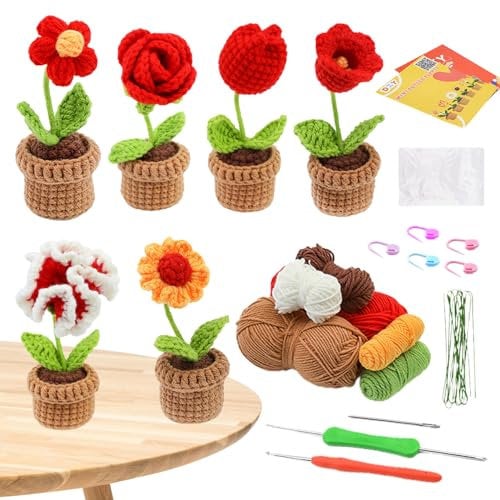 Kirdume -Blumen-Häkelset - Topfpflanzen-Strickset,Visuelles Häkel-Strickset für erfahrene Strickerinnen, Mütter, Anfänger und Freundinnen