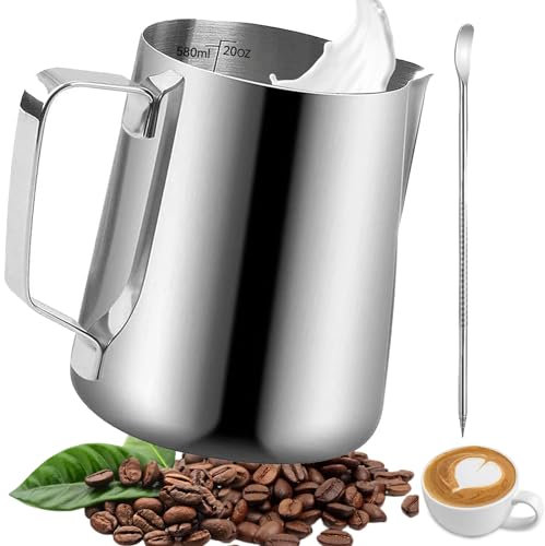 Omtofo Milchkännchen, 550ml Milchkännchen Edelstahl, Barista Milchkännchen mit Messung Mark und Latte Art Pen, für Espresso, Milchaufschäumer, Cappuccino Milchschau, Latte Art, Kaffeeliebhabe