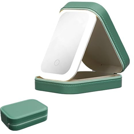 Kosmetikspiegel mit LED-Beleuchtung, Reise-Schminkspiegel mit staubdichter Aufbewahrungsbox, 3-Ton-Beleuchtung, Kosmetiktasche aus PU Leder mit Spiegel für Wohnzimmer, Schlafzimmer, Reisen (Grün)