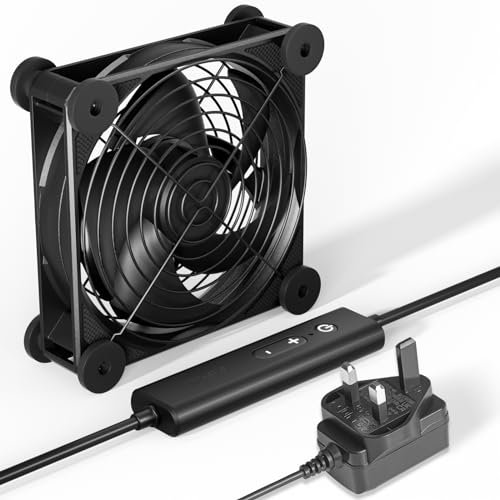 upHere gaming Ventilador de PC con doble rodamiento de bolas de 120 mm, potente refrigeración CC 12 V con enchufe de CA 220 V 240 V, 5 velocidades ajustables para salas de servidores, módems, armarios