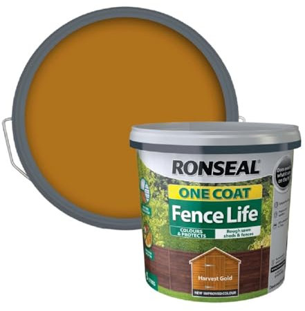 SAVING HUB One Coat Fence Life Paint - Garden Shed & Fence Paint - for Rough Wood - Trellis, Sheds, Wooden Structures - Showerproof in 1 Hour (Harvest Gold, 12 Liter)