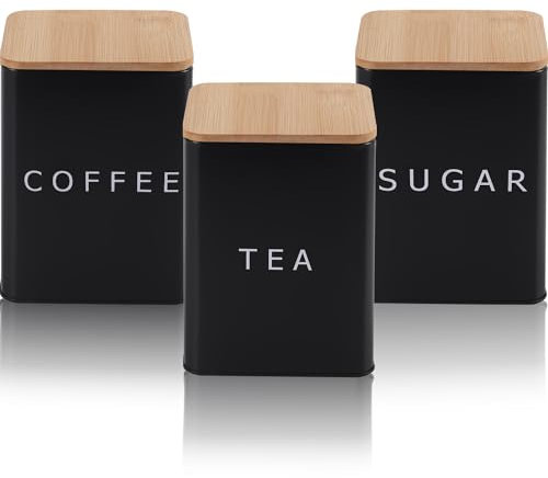 LOSYHU 1.6 Litres Tea Coffee & Sugar Canisters Set of 3, Kitchen Canister Set with Airtight Bamboo Lid, Coffee and Tea Storage Jars Kitchen Storage Tins (Black, Square)