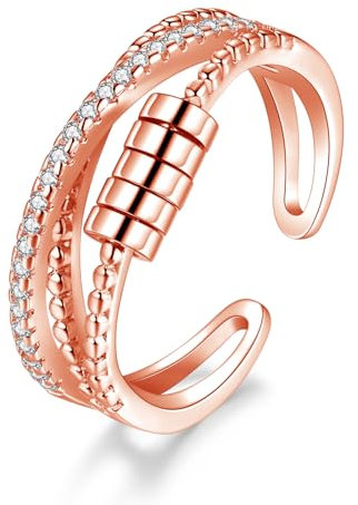 Kamise Anxiety Ring für Frauen, 925 Sterling Silber Damen Angst Ring, Rosegold Anti Stress Ring mit Zirkonia, Einstellbar Drei Schicht Vertrauensring, Lustige Bead Spinner Fidget Ring mit 5 Perlen
