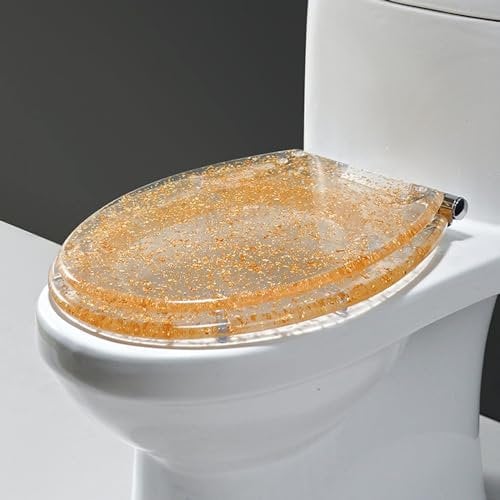DRYFAL Glitter Toilet Seat - Transparent Toilet Seat with Quick Release Sparkly Toilet Seat Soft Close - Resin Toilet Seat with Glittery Sparkles, Top Fixing Hinge,Gold foil