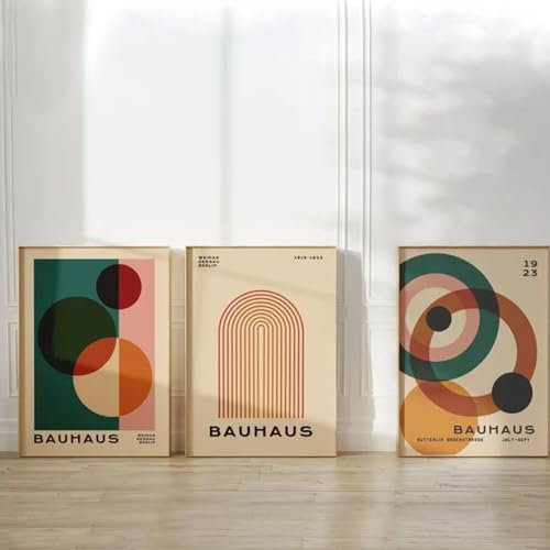 KemneT Farbige Bauhaus-Plakate mit grafischen Linien Kunstdrucke halbkreisförmig geometrisch Leinwandgemälde Vintage mittelalterliche Wand Bilder Bild Raumdekoration, 50 x 70 cm x 3 ungerahmt
