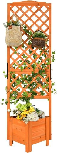 GOPLUS Jardinière avec Treillis 180CM en Bois, avec Trou de Drainage pour Plantes Grimpantes, Fleurs, Jardinière pour Cour, Jardin, Balcon, 54,5x54,5x180cm