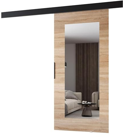 MINIO go for it - Schiebetüren 86 cm mit Spiegel, Schiebetür Zimmertür PRIM I, Schiebetürsystem für Zimmer, Dekorative Elemente, Wandmontage, Türe Innen - Sonoma Eiche/Schwarz