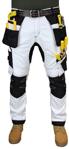HASHOOB TRADING FZE Herren Maler Arbeitshose Weiße Arbeitskleidung Cargo Hose Schwerlast Multi-Taschen Maler Dekorateur Arbeitshose