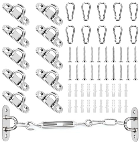 Pack of 10 Stainless Steel Carabiner and Stainless Steel Eye Plate with Eyelet, Wall Eyelet, Mast Plate, Cover Plate, Carabiner Hook, Stainless Steel Eye Plate, Eye Plate for Awning Attachment, Wall