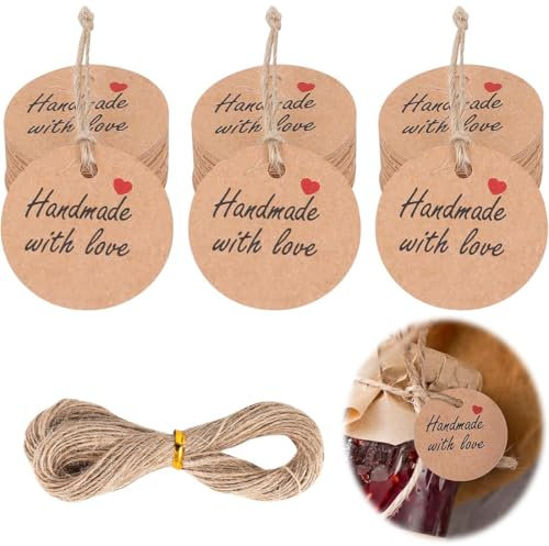 Étiquettes en Papier Kraft, 100PCS Étiquette Cadeaux, Étiquette Ronde Kraft, Étiquettes Étiquettes de Mariage avec Ficelle pour Dragees Anniversaire (Marron)