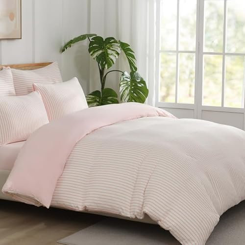 Gezu Parure de Lit 220x240cm Rose Sets de Housse de Couette 100% Doux Réversible Ensemble Modern à Rayures Respirant pour la Peau Literie 2 Personnes avec 2 Taie d'oreiller 65x65 avec Fermeture Éclair