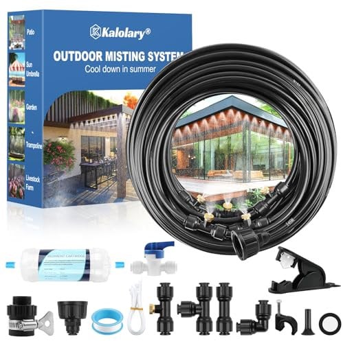 Kalolary Patio Water Misters for Cooling Outdoor, 100FT Mister for Outside with Adapter and Filter, Misting Cooling System with T-Joints and Brass Nozzles for Greenhouse