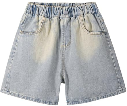 Rolanko Shorts en Jean pour Filles Taille Élastiquée Été Déchirés Jeans Courts avec Poches pour Enfants, Broderie Florale, Taille: 11-12 Ans, 160