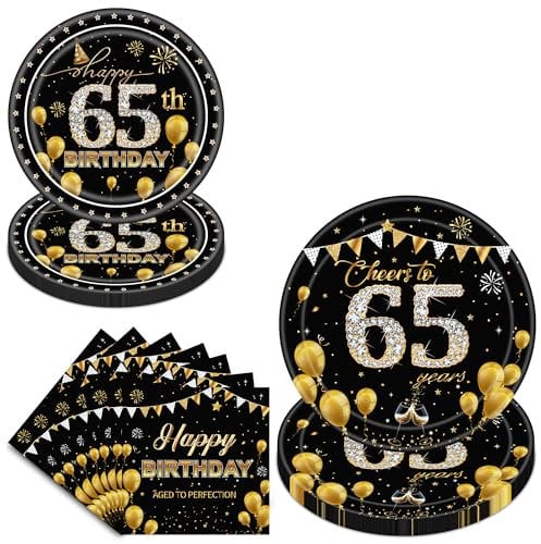 65th Birthday Decorations Tableware Set - 96 Pcs Black Gold Paper Plates Napkins Tableware Decoration Supplies For Men Women Happy 65th Birthday Dinnerware Serve 24 Guests