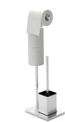 YUET Porte Papier Toilette sur Pied avec Brosse - Support Rouleau WC avec Réserve en Acier Inoxydable, Dérouleur Papier sans Perçage pour Salle de Bain (Argenté)