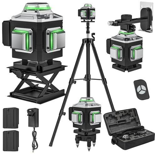 Laser Level Self Leveling 4 x 360°, 4D 16 Lines Green Laser Level with 2 x 2400mAh Batteries, Adjustable Tripod, Swivel Base, Remote Control and Wall Bracket, IP54 Waterproof and Dustproof (Silver)