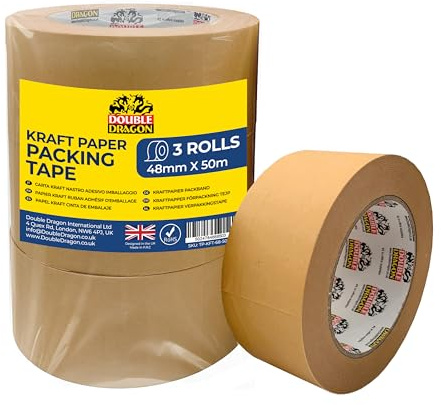 Double Dragon Heavy Duty Brown Kraft Tape 50m Long, 48mm Wide (3 Rolls) | Writable, Self-Adhesive Recyclable Tape for Packing, Shipping, Sealing Boxes, Moving & Wrapping | Eco-Friendly & Biodegradable