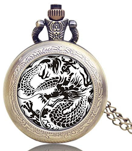 GSZCCZS Neue Retro Chinese Dragon Theme Glass Dome Case Design Taschenuhr mit Ketten Halskette
