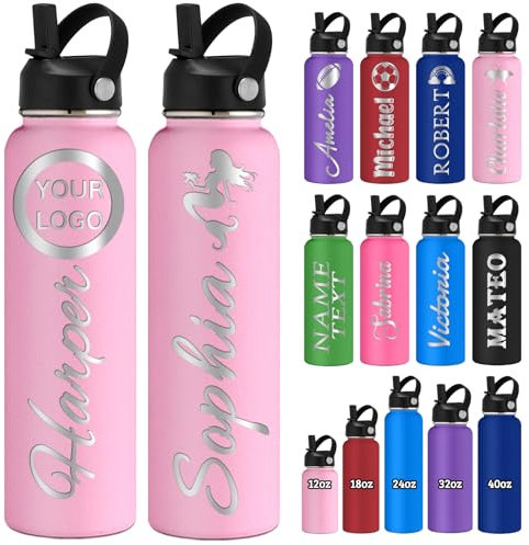 Personalised Water Bottle Engraved with Name Logo Customized 350/530/700/950/1150ML Stainless Steel Water Bottles with Straw Lid Handle Double-Wall Insulated Gifts for School Sport Office Company